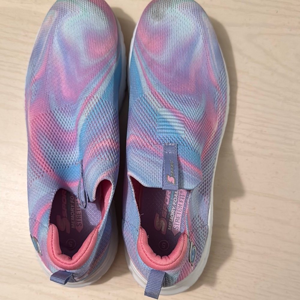 Skechers Pink and Blue Slip-On Sneakers with Marbled Design